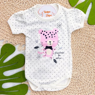 Kit 3 Peças - Bodys Manga Curta Oncinhas - Rosa, Rose e Off White